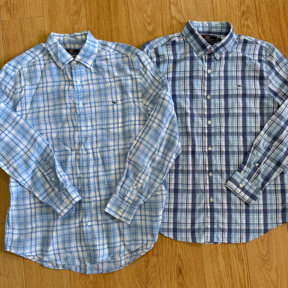 Vineyard Vines Button Down Shirts Mens L Blue Plaid Linen Slim Fit Whale Tucker